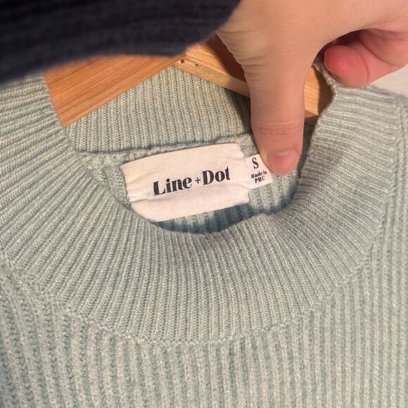 Women's S Line + Dot Ribbed Mint Light Blue Green Balloon Sleeve Sweater - Picture 4 of 5